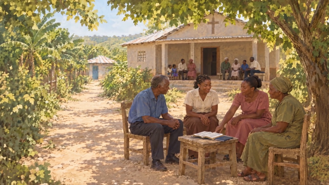 Illustration of community members discussing local needs in Haiti